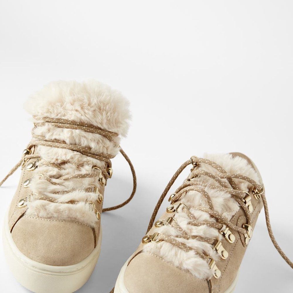 ZARA LEATHER SNEAKERS WITH FAUX FUR TRIM